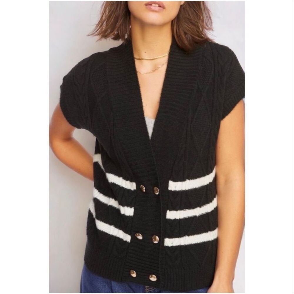 Anthropologie Maeve Striped Double Breasted Short Sleeve Vest Cardigan S
